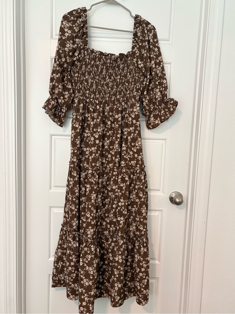 Maternity & Postpartum Smocked Floral Midi Dress in Brown